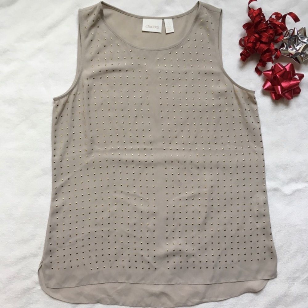 Chico’s Preppy Beaded Sleeveless Beige Top Blouse size 1